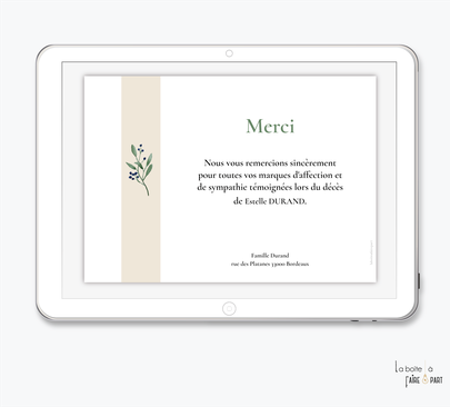 Carte de remerciements décès-Carte de remerciements décès digital-Carte de remerciements décès numérique-Carte de remerciements à envoyer par mms-par mail-réseaux sociaux-whatsapp-facebook-messenger-brin d'olivier-photo-deuil-mort