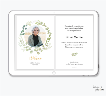 Carte de remerciements décès -Carte de remerciements décès digital-Carte de remerciements décès numérique-Carte de remerciements à envoyer par mms-par mail-réseaux sociaux-whatsapp-facebook-messenger-couronne-eucalyptus-vegetal-deuil-defunt