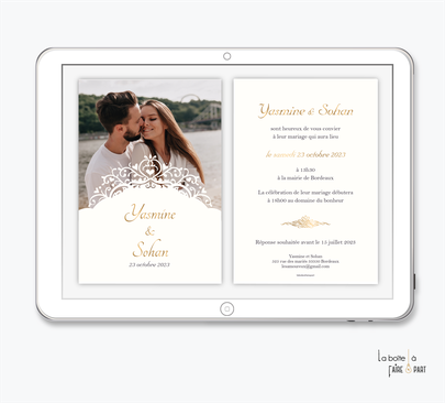 faire-part mariage numérique-faire part mariage digital-faire part numérique-pdf numérique-faire part mariage electronique -faire-part à envoyer par mms-par mail-réseaux sociaux-whatsapp-facebook-messenger-chic-raffiné-elegant-photo-dentelle-oriental-doré