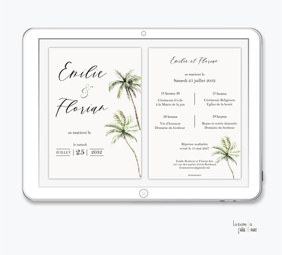 faire-part mariage-faire part mariage digital-faire part mariage numérique-electronique -faire-part à envoyer par mms-par mail-réseaux sociaux-whatsapp-facebook-messenger-palmier-exotique-tropical-plage-cocotier