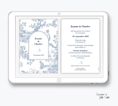 faire-part mariage-faire part digital-faire part mariage numérique-electronique -faire-part à envoyer par mms-par mail-réseaux sociaux-whatsapp-facebook-messenger-toile de jouy bleu-arche-élégant-chic-bourgois-chateau-couleur bleu