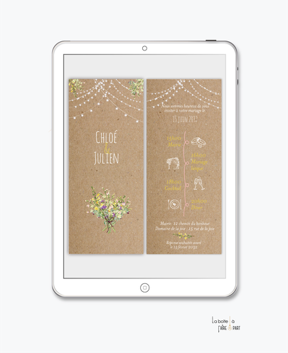 faire-part mariage numérique-faire part mariage digital-faire part numérique-electronique -faire-part à envoyer par mms-par mail-réseaux sociaux-whatsapp-facebook-messenger-guirlande-fleurs champêtre-guinguette-bohème-pictogramme-timeline-fleurs sauvages
