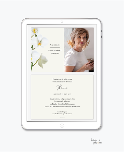 faire-part décès -faire part décès digital-faire-part décès numérique-faire-part à envoyer par mms-par mail-réseaux sociaux-whatsapp-facebook-messenger-orchidée-fleurs-photo-deuil-mort