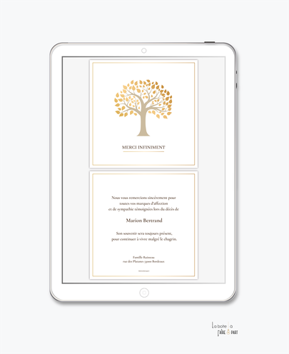 Carte de remerciements décès -Carte de remerciements décès digital-Carte de remerciements décès numérique-Carte de remerciements à envoyer par mms-par mail-réseaux sociaux-whatsapp-facebook-messenger-arbre de paix-arbre de vie-doré-deuil-défunt