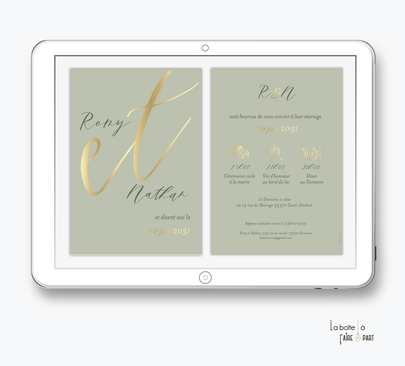 faire-part mariage numérique-faire part mariage digital-faire part numérique-electronique -faire-part à envoyer par mms-par mail-réseaux sociaux-whatsapp-facebook-messenger-doré-dorure-chic-oriental-maroc-vert sauge-or-elegant-raffiné