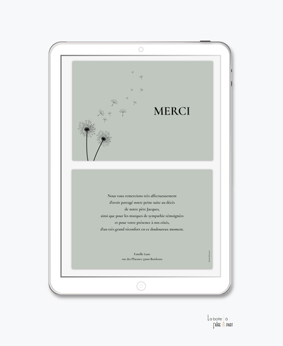 Carte de remerciements décès -Carte de remerciements décès digital-Carte de remerciements décès numérique-Carte de remerciements à envoyer par mms-par mail-réseaux sociaux-whatsapp-facebook-messenger-photo-pissenlis-deuil