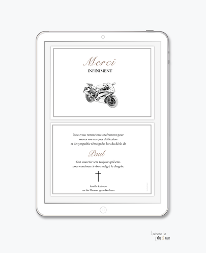 Carte de remerciements décès-Carte de remerciements décès digital-Carte de remerciements décès numérique-Carte de remerciements à envoyer par mms-par mail-réseaux sociaux-whatsapp-facebook-messenger-feuillage-defunt-moto-motard-mort-deuil
