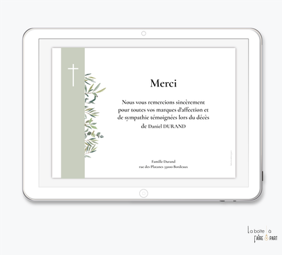 Carte de remerciements décès-Carte de remerciements décès digital-Carte de remerciements décès numérique-Carte de remerciements à envoyer par mms-par mail-réseaux sociaux-whatsapp-facebook-messenger-fleurs pastel-croix-deuil-mort