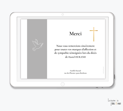 Carte de remerciements décès-Carte de remerciements décès digital-Carte de remerciements décès numérique-Carte de remerciements à envoyer par mms-par mail-réseaux sociaux-whatsapp-facebook-messenger-colombe-croix-deuil-mort-pdf