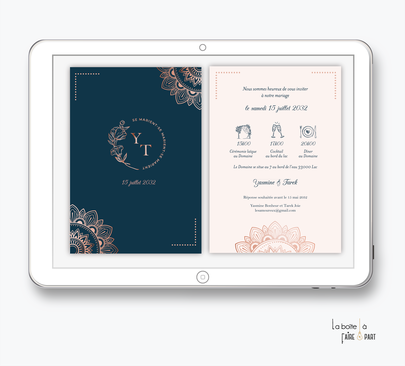 faire-part mariage-faire part mariage digital-faire part numérique-electronique -faire-part à envoyer par mms-par mail-réseaux sociaux-whatsapp-facebook-messenger-monogramme-chic-elegant-rafiné-oriental-marocain-dentelle-fleur-pictogramme-bleu