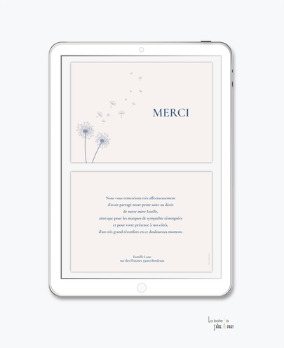 Carte de remerciements décès -Carte de remerciements décès digital-Carte de remerciements décès numérique-Carte de remerciements à envoyer par mms-par mail-réseaux sociaux-whatsapp-facebook-messenger-photo-pissenlis-deuil