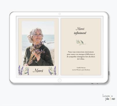 Carte de remerciements décès -Carte de remerciements décès digital-Carte de remerciements décès numérique-Carte de remerciements à envoyer par mms-par mail-réseaux sociaux-whatsapp-facebook-messenger-photo-lavande-olivier-deuil-défunt