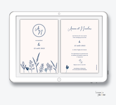 faire-part mariage-faire part mariage digital-faire part mariage numérique-pdf numérique-faire part mariage electronique -faire-part à envoyer par mms-par mail-réseaux sociaux-whatsapp-facebook-messenger-végétal bleu-monogramme-nature-elegant-chic