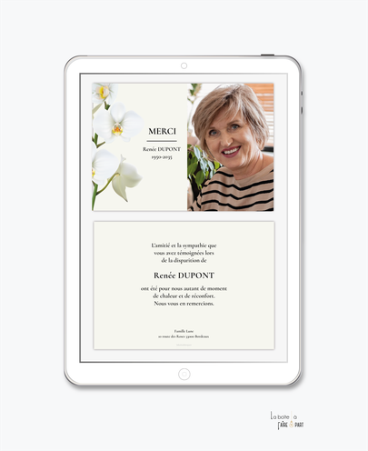 Carte de remerciements décès-Carte de remerciements décès digital-Carte de remerciements décès numérique-Carte de remerciements à envoyer par mms-par mail-réseaux sociaux-whatsapp-facebook-messenger-orchidée-fleurs-photo-deuil-mort