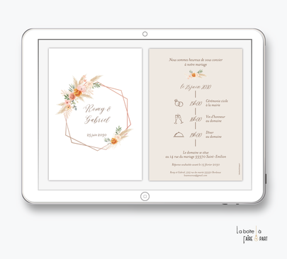 faire-part mariage-faire part mariage digital-faire part mariage numérique-electronique -faire-part à envoyer par mms-par mail-réseaux sociaux-whatsapp-facebook-messenger-couleur terracotta-peche-champêtre-pampa-pivoines-eucalyptus-pictogrammes-rose-
