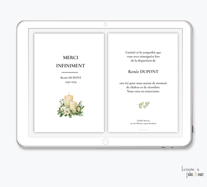 Carte de remerciements décès-Carte de remerciements décès digital-Carte de remerciements décès numérique-Carte de remerciements à envoyer par mms-par mail-réseaux sociaux-whatsapp-facebook-messenger-r-fleurs-bougies-marguerite-végétal-deuil-mort