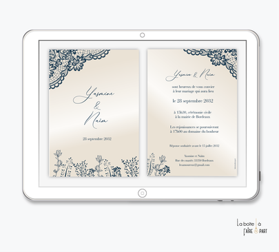 faire-part mariage numérique-faire part mariage digital-faire part numérique-electronique -faire-part à envoyer par mms-par mail-réseaux sociaux-whatsapp-facebook-messenger-dentelle-bleue-tige champêtre-nacré-chic-elegant-raffiné