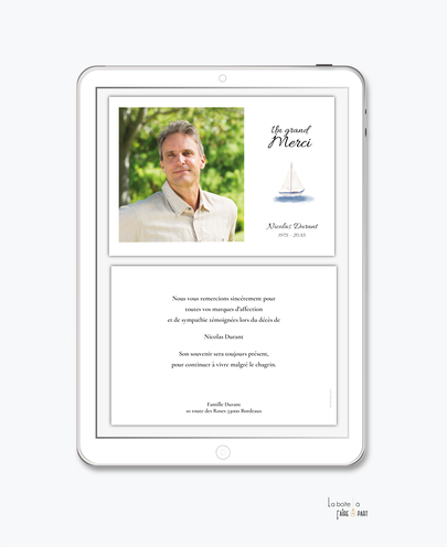 Carte de remerciements décès -Carte de remerciements décès digital-Carte de remerciements décès numérique-Carte de remerciements à envoyer par mms-par mail-réseaux sociaux-whatsapp-facebook-messenger-bateau-voile-peche--deuil-mort-pdf