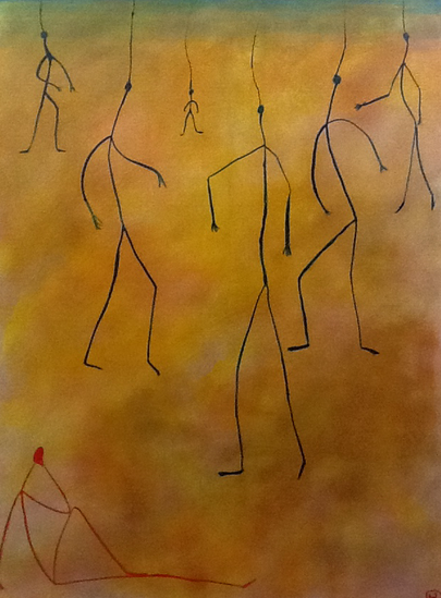 Puppets on the string or remotely controlled by the cloud, acrylic on canvas /50 x70 cm