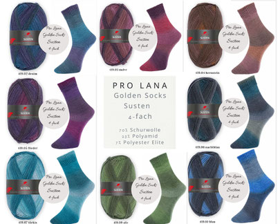 Das Foto zeigt die Farbkarte der Sockenwolle Pro Lana Golden Socks Susten Stretch