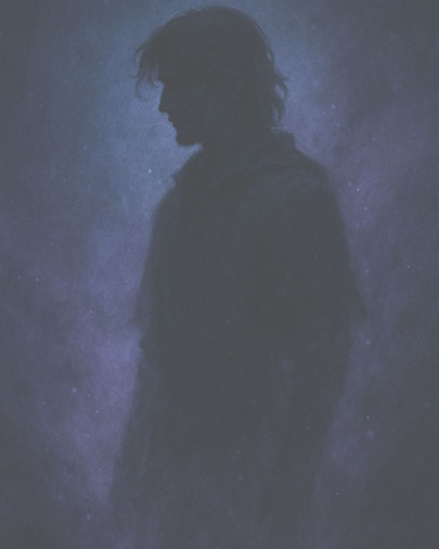 Schemenhafte Illustration des Charakters Salim in violett-blauem Nebel; Fantasy-Bild zur Charaktervorstellung.