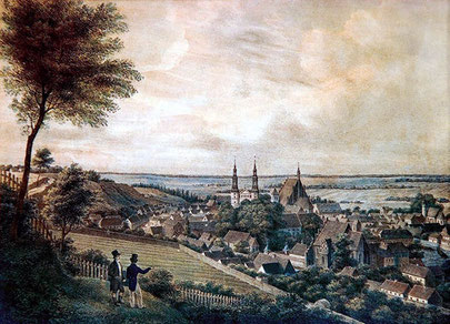 Panorama der Stadt Bromberg. Farblithografie von J. C. Cederholm. 1830.