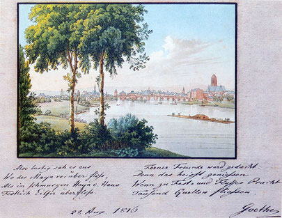 Blick von der Gerbermühle auf Frankfurt. Widmungsblatt von Goethe. 1816.