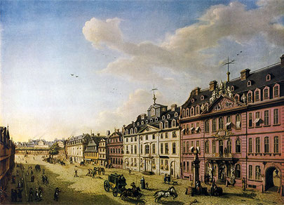Frankfurt am Main: Nordseite der westlichen Zeil vom Roten Haus bis zum Weidenhof. Gemälde von Joh. L. E. Morgenstern. 1793.