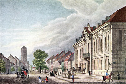 Das Collegienhaus in der Lindenstraße in Berlin, Sitz des Kammergerichts. Stich von J. H. Hintze. 1850. 