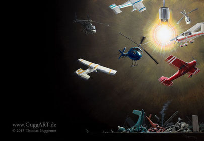 Natural Instinct, Acrylmalerei von Thomas Guggemos, Flugzeuge fliegen um Glühlbirne