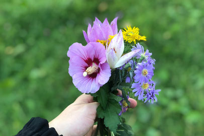 ガラスの花びんに活けられた春の花たち。チューリップ、バラ、フリージア。琺瑯の水差し。
