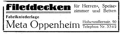 eine Zeitungsannonce, mit der Meta Oppenheim für ihre Filetdecken warb