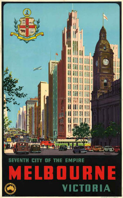 Vintage poster of Melbourne's Town Hall and Collins Street looking West