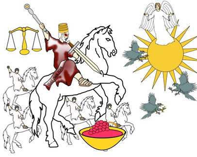 Jésus-Christ a une épée à double tranchants qui sort de sa bouche dans la livre de l'Apocalypse. Il viendra juger le monde avec l'épée de sa bouche, symbole de condamnation.