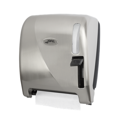 Despachador / dispensador de toalla en rollo palanca AG24011 Níquel Barniz Color: Níquel Barniz Dimensiones en milímetros: Alto: 360 Largo: 285 Ancho: 235 Capacidad: 1 rollo de 8” / 20.3 cm Contenido por caja: 1 pieza