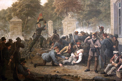 Barrikade der belgischen Rebellen vor dem Brüsseler Park. Gemälde von C. F. Coene. 1830.