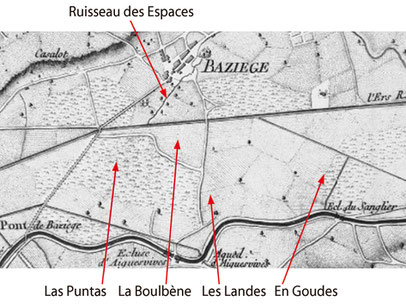 Fig.5 - Baziège sur la carte du canal royal de la province de Languedoc de François Garipuy, gravée par Nicolas Chalmandrier (1774)