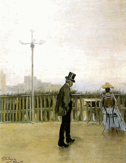 Ignacio Zuloaga. Mi padre y mi hermana en París 1891.Museo Ignacio Zulaga, Castillo de Pedraza, Segovia.Allí en París entabla amistad con el teórico del simbolismo Charles Morice, frecuentaba la academis de Gervex, de Degas con encuadres desplazados.