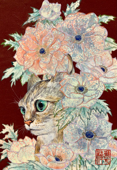 タイトル：「花風」 　サイズ：SM 　　技法：雲肌麻紙　岩絵具　墨