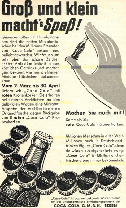 COCA-COLA Germany 1953: Collect 8 red Coke caps and change into one Coke mini-bottle.