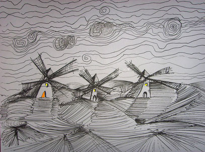 "Windmühlen" Tusche auf Papier 40x30cm