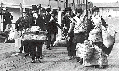 Immigrants arriving at Ellis Island from the barge