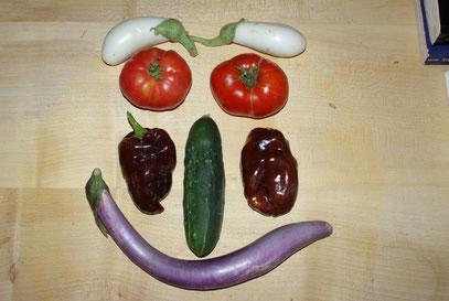 Violette Schlangenmelanzani, Feldgurke, Schokoladenpaprika, Tomate "Trophy", Weiße Melanzani