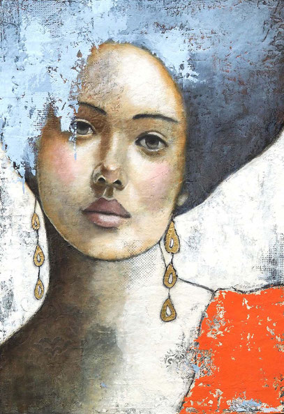 © Conni Altmann, Originalgemälde "Orange is her fave", Mixed Media mit Blattgold auf Sperrholz, ca. 70 x 100 x 2 cm