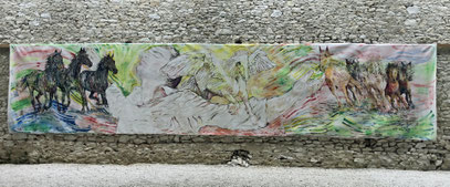 RÉCIT MYTHIQUE, acrylique sur toile, 10 m x 2.15 m, 2023