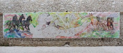 RÉCIT MYTHIQUE, acrylique sur toile, 10 m x 2.15 m, 2023
