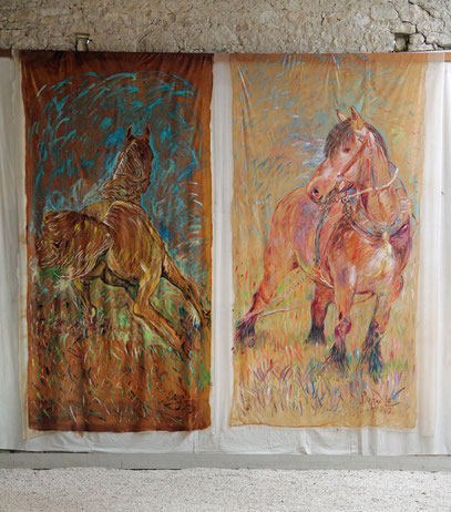 CHEVAL, acrylique sur PAPUR, 2 x 4 m, 2020     /    CHEVAL DE TRAIT, acrylique sur PAPUR, 2 x 4 m, 2021