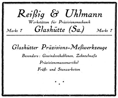 Quelle: "Saxonia"  Bericht für die Alten Herren der Schülervereinigung "Saxonia" an der Deutschen Uhrmacherschule in Glashütte 1923 Nr.24 Anzeigeteil