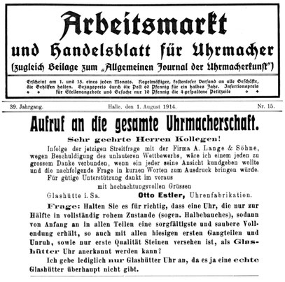 Quelle: Allgemeines Journal der Uhrmacherkunst Nr.15 vom 01.August 1914 S.68