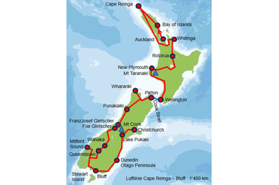 Die Reiseroute für eine Neuseeland-Reise mit dem Auto.